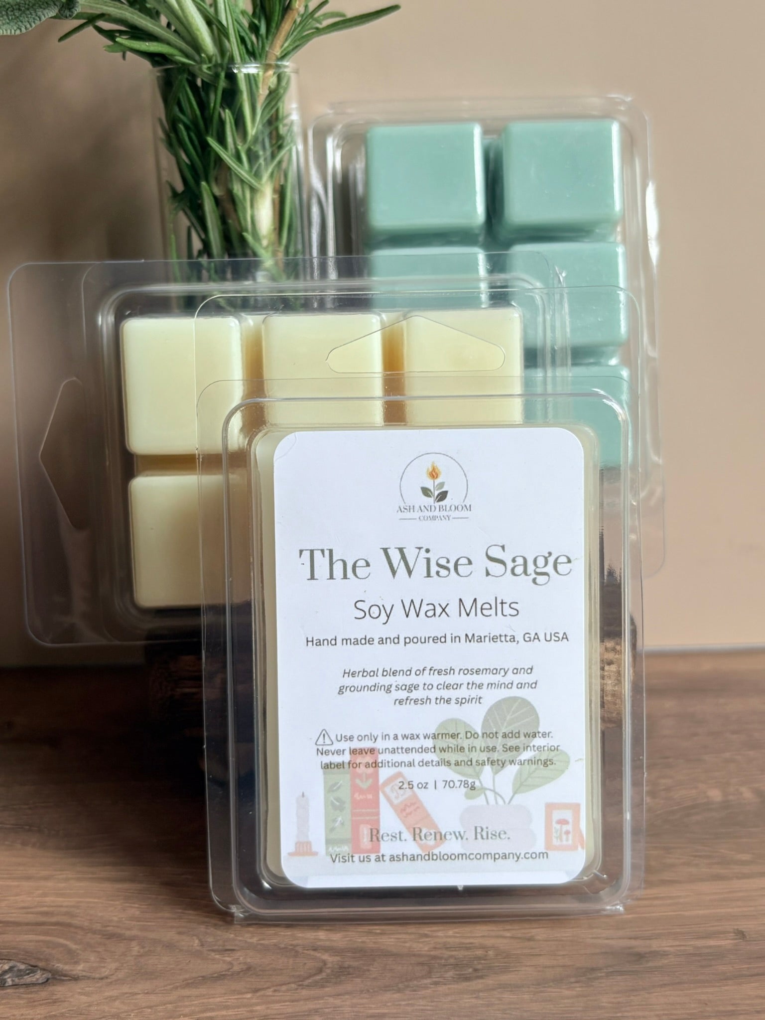 Packaged Rosemary and Sage soy wax melts with a label