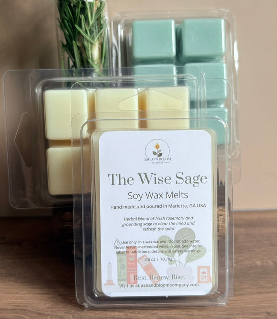 Packaged Rosemary and Sage soy wax melts with a label