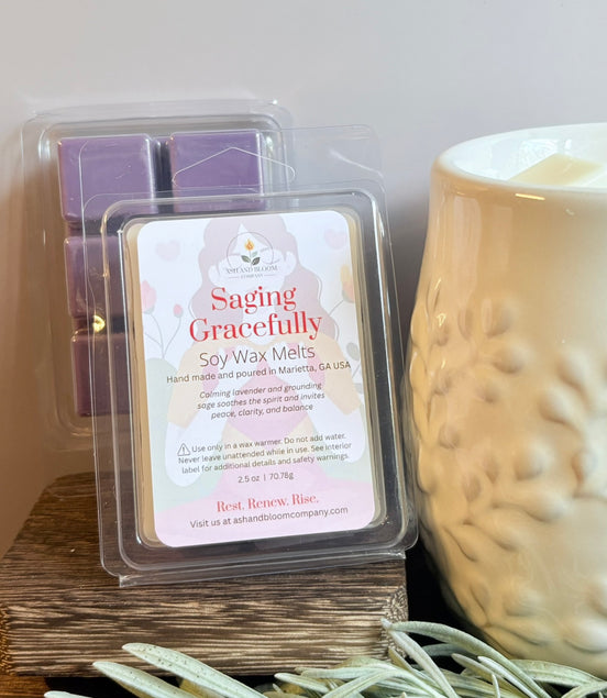 Lavender and Sage scented soy wax melts packaging with a wax melter on a wooden surface