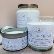 Three 'Spiritus Mundi' nag champa candles of different sizes on a neutral background