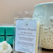 Nag Champa scented soy wax melts packaging with a candle and teal wax cubes on a wooden surface