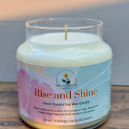 Citrus and mint candle in a glass jar with a label on a wooden surface