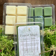 Packaged Forest Magic woodsy herbals soy wax melts on a natural background
