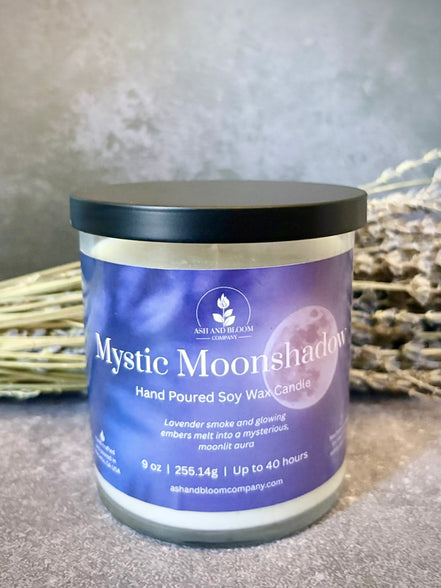 Mystic Moonshadow candle jar with lavender in the background