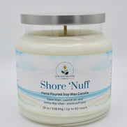 Candle jar labeled 'Shore 'Nuff' with a white background