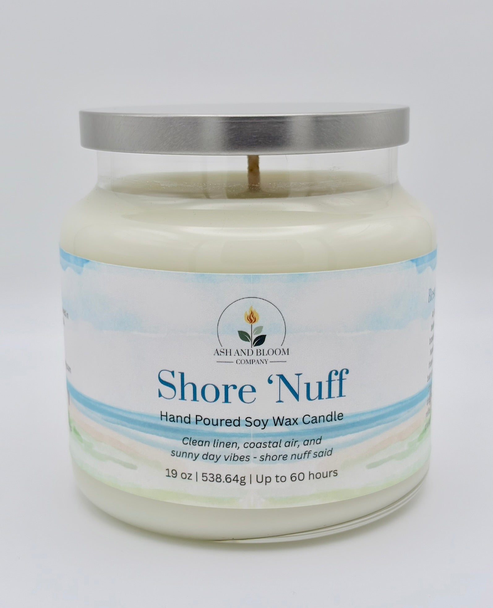Candle jar labeled 'Shore 'Nuff' with a white background