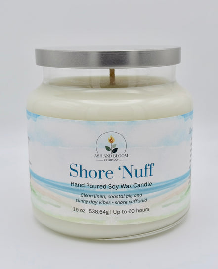 Candle jar labeled 'Shore 'Nuff' with a white background