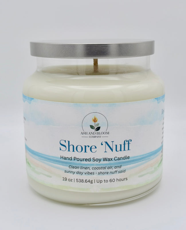 Candle jar labeled 'Shore 'Nuff' with a white background