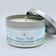 Shore 'Nuff candle in a metal tin with a white background
